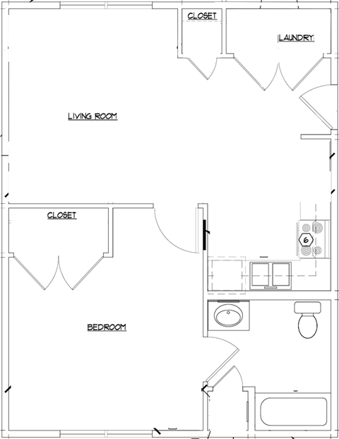 Floor plan for 1 bed, 1 bath, 608 sqft